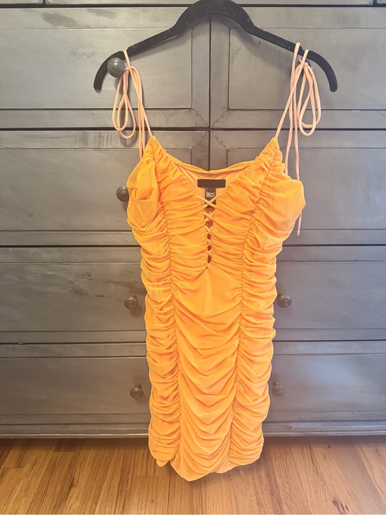 Hours Dresses & Skirts - Hours Ruched Orange Tie-Shoulder Mini Dress